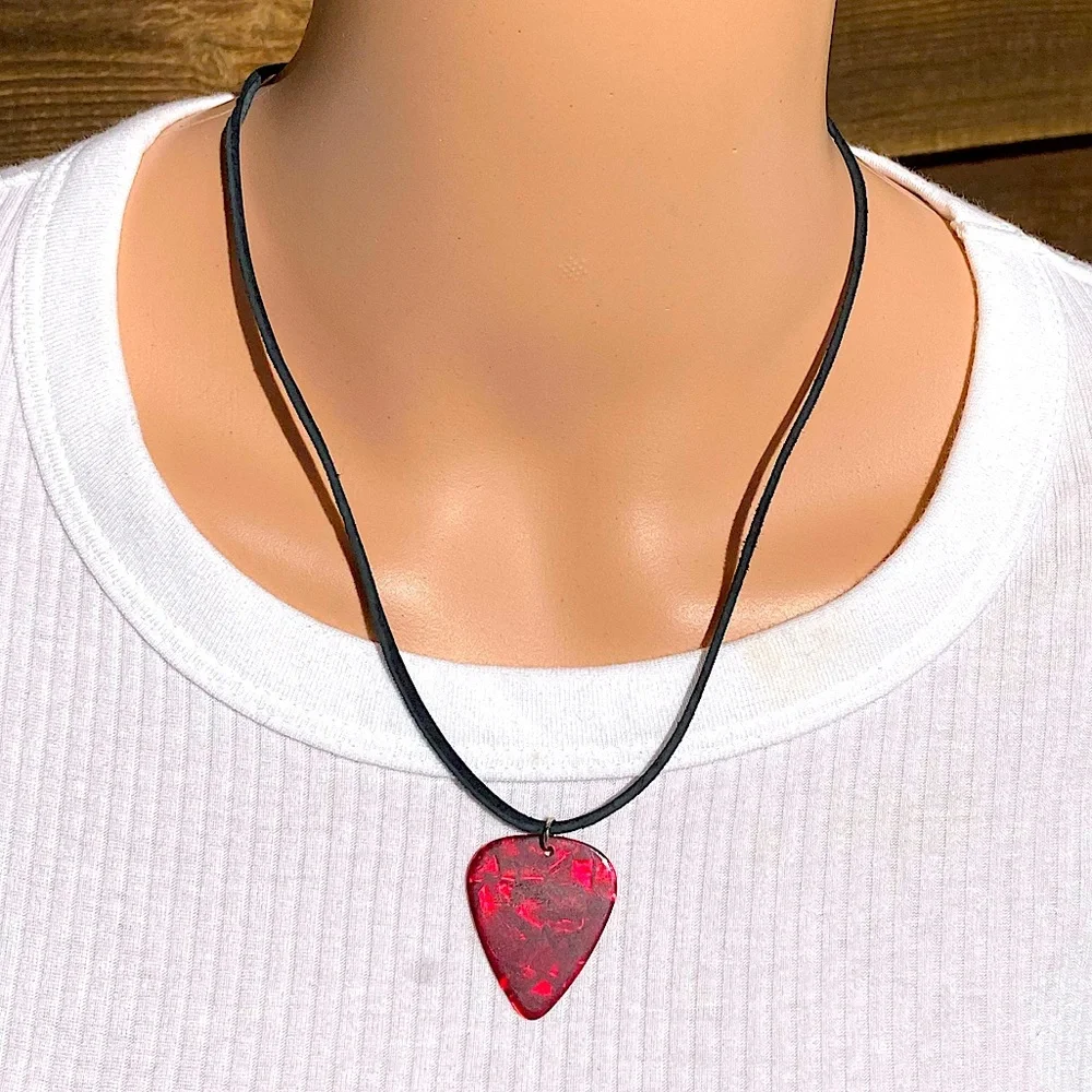 Red Guitar Pick Necklace Suede Cord Pearlescent Unisex New